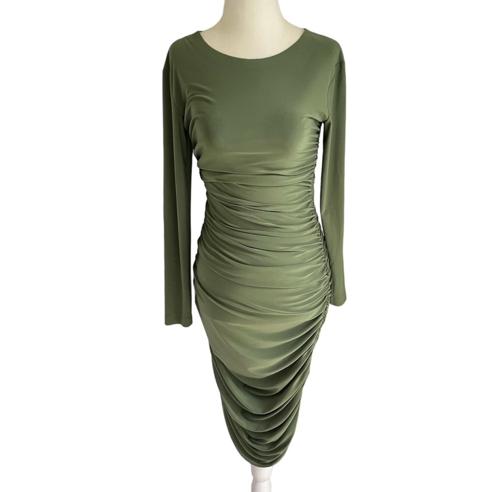 Norma Kamali Diana Ruched Maxi Length Sleeve Green Gown Dress XS
